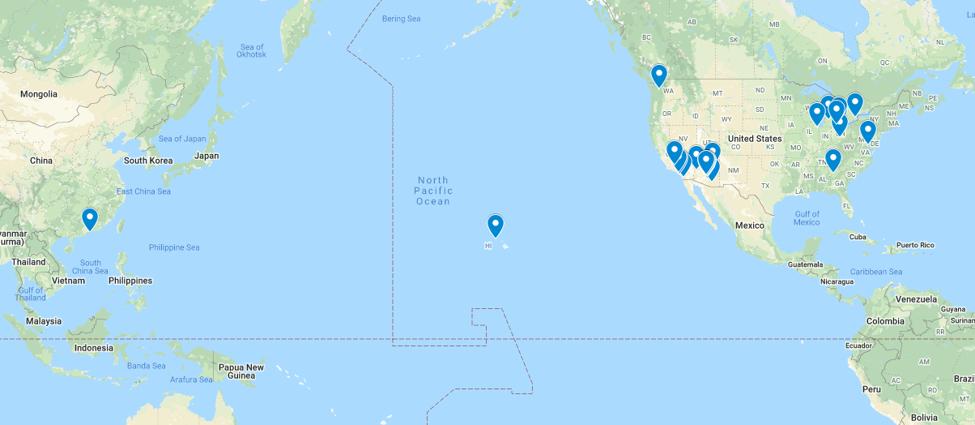Google Maps results of online students around the globe