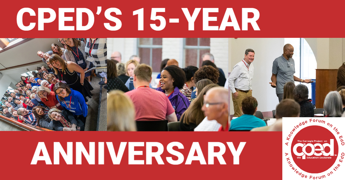 CPED 15 year anniversary graphic with images of members at convenings